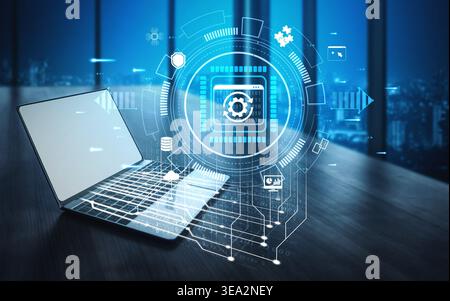 Modern Laptop Displaying Digital Interface and Holographic Technology on a Desk in an Office Setting with Cityscape View at Night Quark. Stock Photo