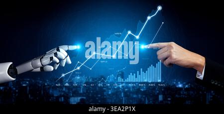 A striking image showcasing the interaction between a human hand and a robotic hand, symbolizing collaboration in technology and finance with data Stock Photo