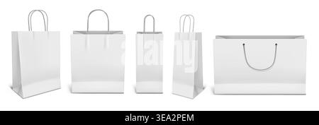 White paper shopping bag mockup with vertical and horizontal bags, 3D realistic empty packaging templates in front, side and angled views, isolated for retail branding and print vector design. Stock Vector