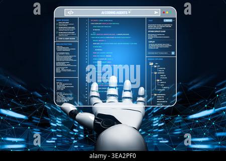 Futuristic Robot Hand Interacting with Computer Display Featuring AI Coding Algorithms and Digital Network Connections in a High-Tech Environment Stock Photo