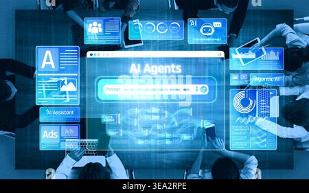 Collaborative Workspace with AI Technology and Data Analysis Tools, Featuring Interactive Digital Interfaces for Enhanced Productivity and Innovation Stock Photo