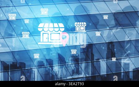 Illustrative image showcasing a modern urban business theme with storefront icons and a location marker overlaid on a glass building, symbolizing Stock Photo