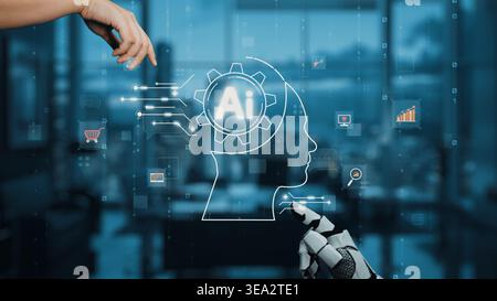 Human Hand Interacting with Robotic Artificial Intelligence Symbol Against a Modern Business Background Showcasing Advanced Technology Concepts Stock Photo