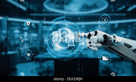 A futuristic robotic hand engages with a digital brain interface, symbolizing advanced technology and artificial intelligence in a high-tech Stock Photo