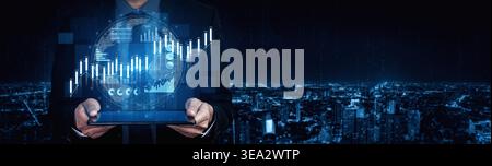 A businessman in a suit holds a tablet displaying dynamic global financial data over a shimmering cityscape at night, illustrating the fusion of Stock Photo