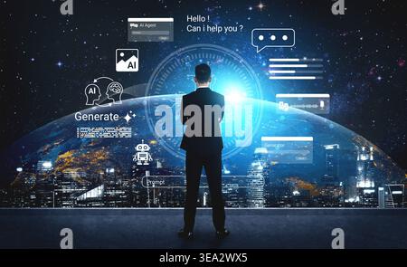 A businessman stands thoughtfully in front of a futuristic interface depicting artificial intelligence technology and digital communication elements Stock Photo
