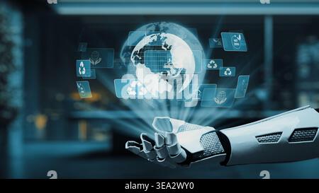 A futuristic robotic hand interacts with a digital globe while displaying recycling icons, representing the intersection of technology, sustainability Stock Photo