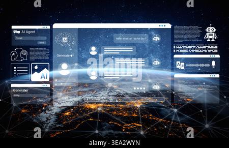 A captivating digital interface showcasing an AI chatbot with global connectivity over Earth at night, illustrating advancements in technology and Stock Photo