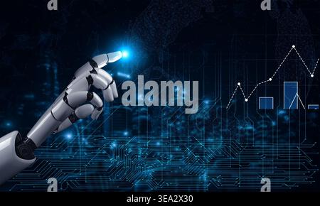 A close-up view of a robotic hand reaching out, interacting with glowing digital graphs and circuits in a modern, high-tech setting, symbolizing Stock Photo