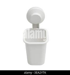 White plastic suction cup bathroom organizer mounted on isolated wall. Small wall caddy for shower accessories and toiletries. Modern minimalist home Stock Photo