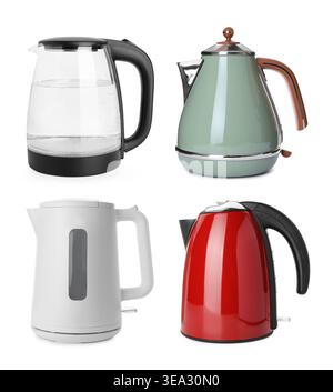 Different electric kettles isolated on white, set Stock Photo