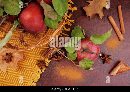 Flatlay of Red Apples with Cinnamon and Spices Stock Photo