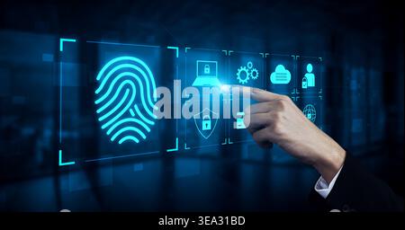 System for safeguarding digital identity using fingerprint authentication, encryption, and secure access protocols across cloud, device, and personal Stock Photo