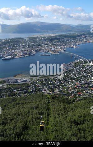 View over Tromso from Fjellstua (the Cable Car Restaurant), above Tromsdalen, Tromso, Troms, Norway. Stock Photo