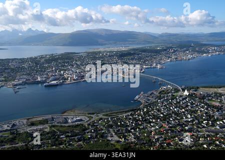 Aerial view over Tromso from Fjellstua (the Cable Car Restaurant), above Tromsdalen, Tromso, Troms, Norway, Stock Photo