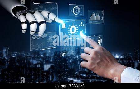 AI reading big data visualization dashboard, analyzing insights, identifying patterns, and generating strategic decisions through automated data Stock Photo