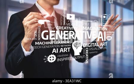 A business professional interacts with digital representations of generative AI and digital art, highlighting the intersection of technology and Stock Photo