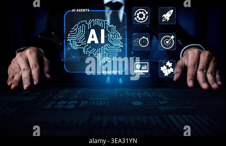 Futuristic Concept of Artificial Intelligence with Technology Interface and Data Visualization with Hands in Background Quark. Stock Photo