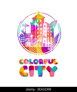 Colorful logo modern city skyline with skyscrapers in flat vector style on white background. Hand drawn Not AI, vector illustration. Stock Vector