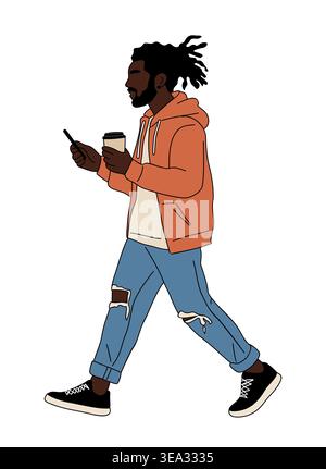 Black Man walks while holding phone and coffee cup Stock Vector