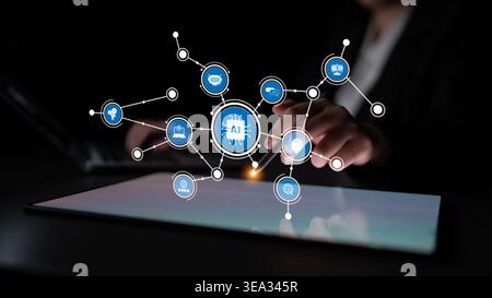 This image illustrates concepts of artificial intelligence with various connected icons on a tablet screen, representing innovation and technology in Stock Photo