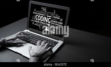 A creative shot showing robotic hands on a laptop keyboard with coding terms displayed on the screen, symbolizing the intersection of technology and Stock Photo