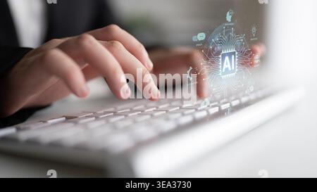 Concept of an enterprise Artificial Intelligence solution. A central processor powers machine learning for business automation, innovation, and Stock Photo