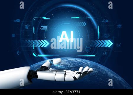 A self-aware AI assistant displays its central processing hub on a futuristic interface. This generative technology demonstrates its capabilities in Stock Photo