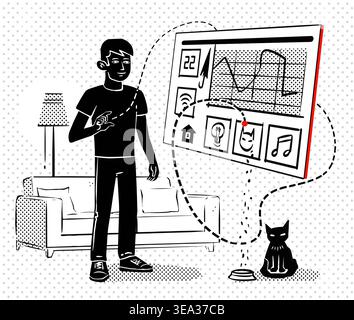 Young man controls smart home system in living room with cat nearby Stock Vector