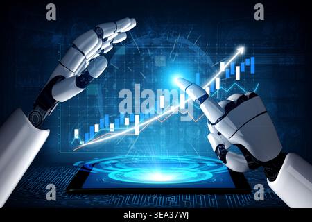 This captivating image features futuristic robot hands engaged in data analysis on a digital screen, showcasing various graphs and charts, symbolizing Stock Photo