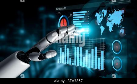 A futuristic robot hand reaches toward a data visualization dashboard, showcasing interactive graphs and statistics, symbolizing technology and Stock Photo