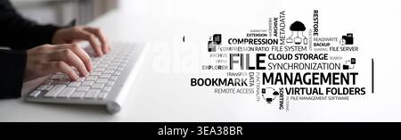 A close-up of hands on a keyboard surrounded by a creative word cloud that illustrates key concepts of file management and cloud storage in a digital Stock Photo