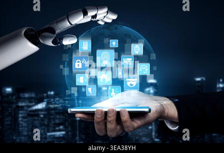 Artificial intelligence manages home security, monitoring smart devices, detecting intrusions, and ensuring safe automated access control for homes Stock Photo