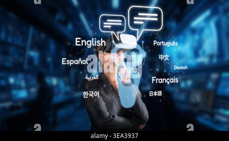 Explore the dynamic intersection of AI and virtual reality, showcasing advanced language translation technology for seamless global communication and Stock Photo