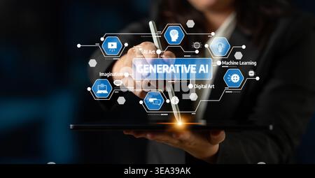 A person interacting with a digital tablet, showcasing generative AI concepts with graphical icons representing creativity, learning, and technology Stock Photo