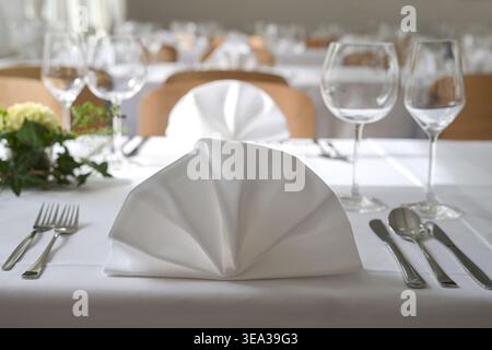 Elegant table setting with folded white napkins, tablecloths, glasses, cutlery and floral decorations for a festive holiday dinner like wedding or ann Stock Photo