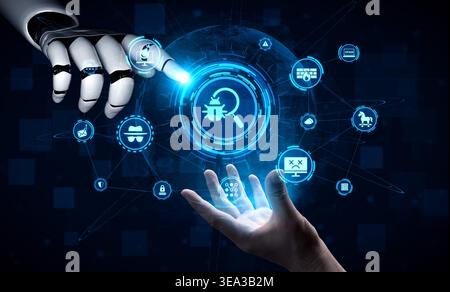 Artificial intelligence enhances malware protection with proactive threat detection. This AI-driven cybersecurity provides advanced virus protection Stock Photo