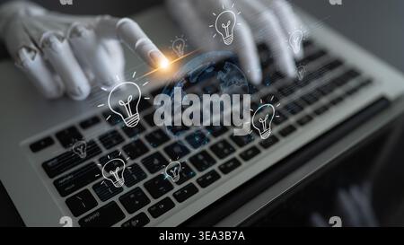 An AI assistant facilitates global brainstorming to generate creative ideas. This generative technology produces innovative solutions and new insights Stock Photo