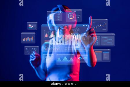 A user engaged in a futuristic virtual reality environment interacts with vibrant displays of artificial intelligence and data analytics metrics Stock Photo