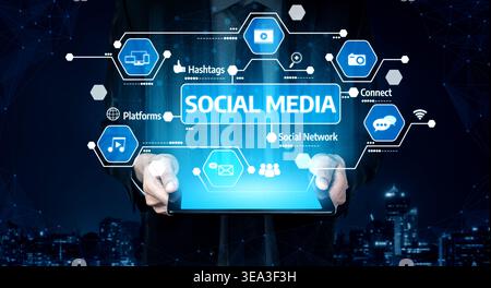 This image illustrates a futuristic concept of social media, showcasing various technology icons and symbols that represent connectivity and Stock Photo