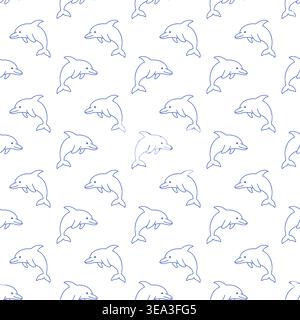Seamless pattern with dolphins in blue line style on white background. Outline nautical print. Stock Vector