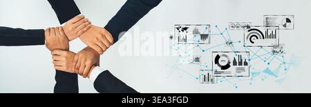 A powerful visual of diverse hands clasped together signifies teamwork, with vibrant data charts and analytics in the background representing business Stock Photo