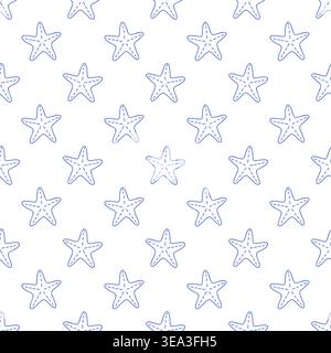 Seamless pattern with starfishes in blue line style on white background. Outline coastal print. Stock Vector
