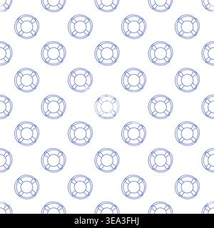 Seamless pattern with lifebuoys in blue line style on white background. Outline nautical print.  Stock Vector