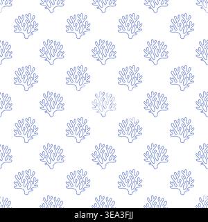 Seamless pattern with corals in blue line style on white background. Outline reef print Stock Vector