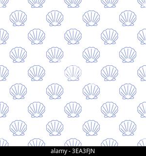 Seamless pattern with seashells in blue line style on white background. Outline nautical print.  Stock Vector