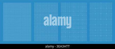 Blueprint grid set dashed millimeter geometry, four scale variations. Wide medium dense micro spacing comparison, engineering layouts dashboards notebook pages interface planning systems graphics. Stock Vector