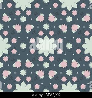 A seamless decorative pattern features light green and pink blossoms. Smaller flowers and white star shapes are arranged on a dark blue-grey background. This symmetrical design repeats consistently. Stock Vector