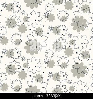 A seamless pattern displaying black outlined flowers and soft grey solid shapes on a light cream background. Stock Vector