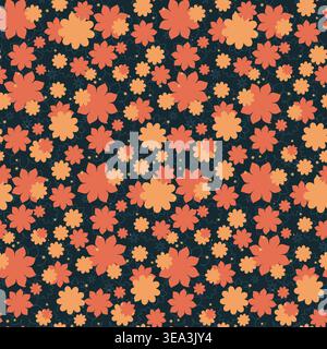 A vibrant seamless pattern featuring various stylized orange and coral flowers scattered across a deep dark blue background. Stock Vector